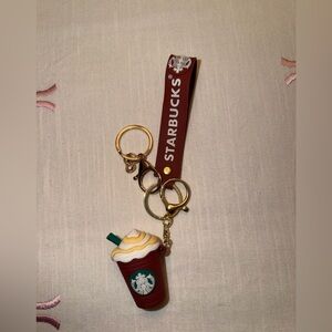 Starbucks Burgundy Cup Charm Keychain with White Whip and Green Straw